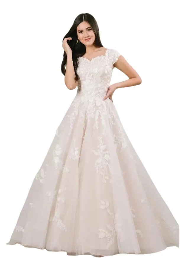 Ivory and Blushing Pink Lace Tulle A-Line Short Sleeve wedding dress with Cap Sleeves and Button Back - Short Sleeve Classic Bridal Gown