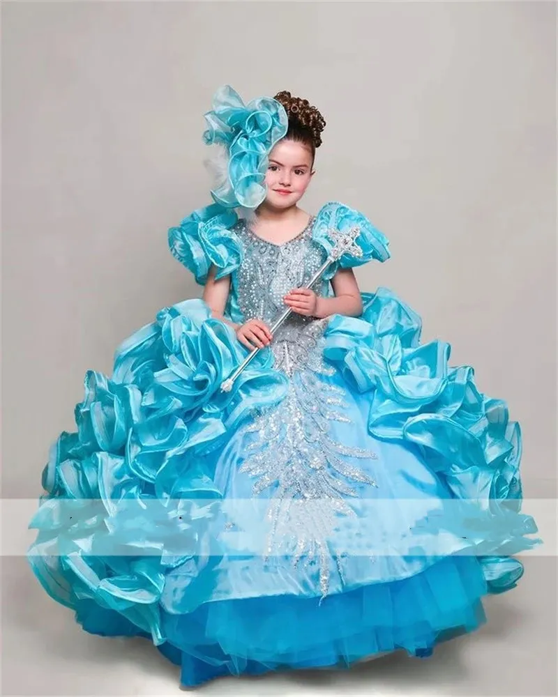 Blue Petal Flower Ruffle Ball Gown with Beading Appliques for Girls' Wedding, First Communion, and Photoshoot
