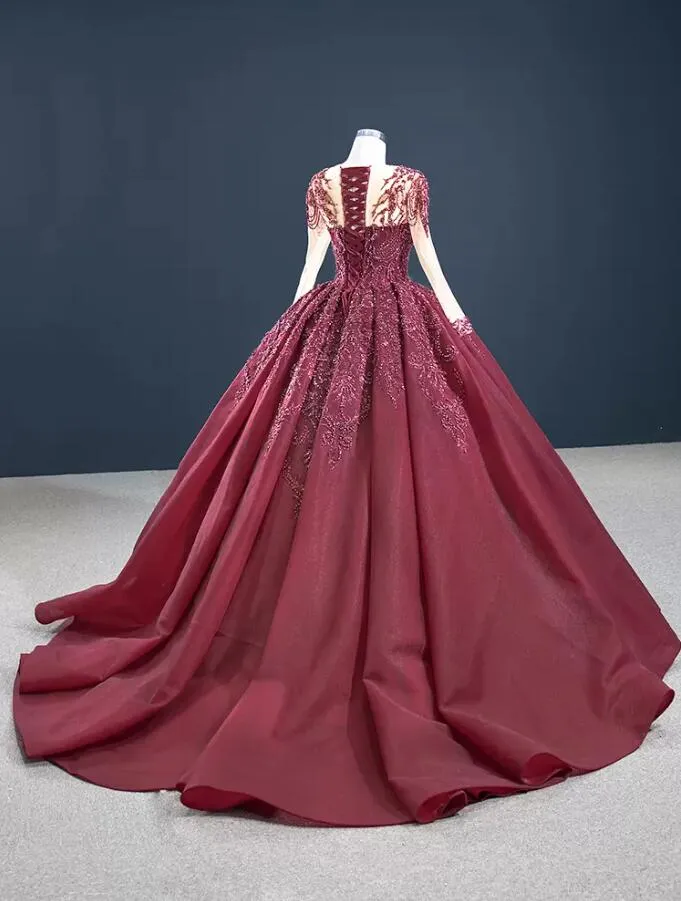 Cinderella Divine - Maroon Puff Sleeve Ball Gown Style #B712 – LA TOP DIVAS
