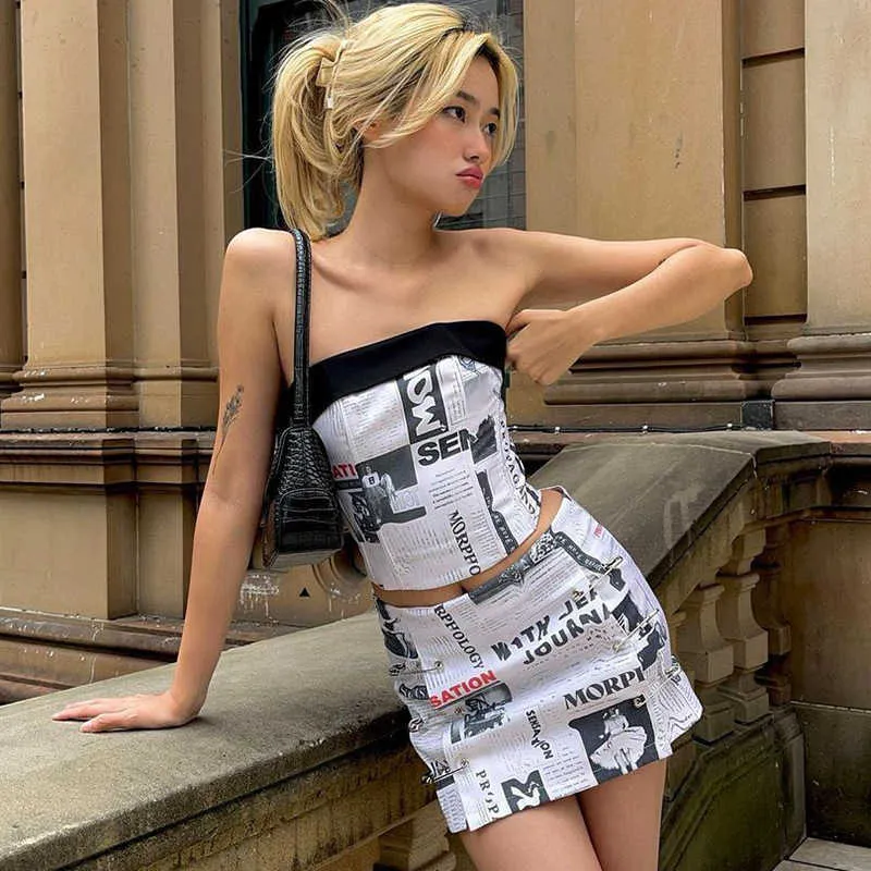 Two Piece Dress Suede Strapless Top and Mini Skirt Set with Newspaper  Print, Short Sleeve, Scoop Neck, Above Knee Length