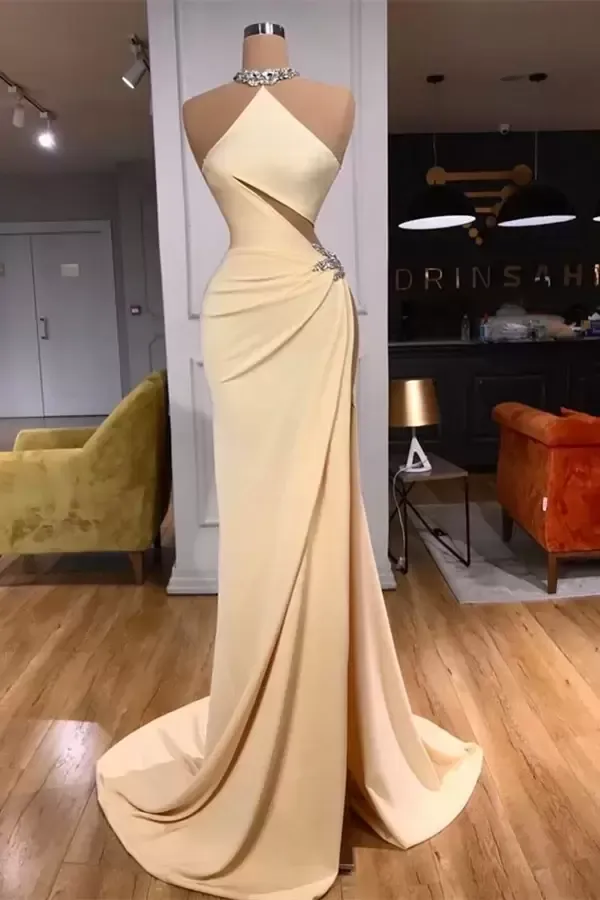 Elegant Halter Mermaid High neck prom dress with High Split and Hollow Out Design - Sleeveless, Backless, and Perfect for Evening Events (BC 0914)