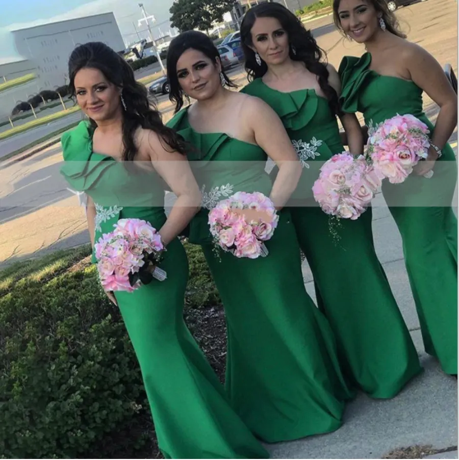 Stunning One Shoulder Mermaid Green satin bridesmaid dresses with Green Ruffles, Appliques, and Long Hemline - Perfect for Formal Weddings and Parties