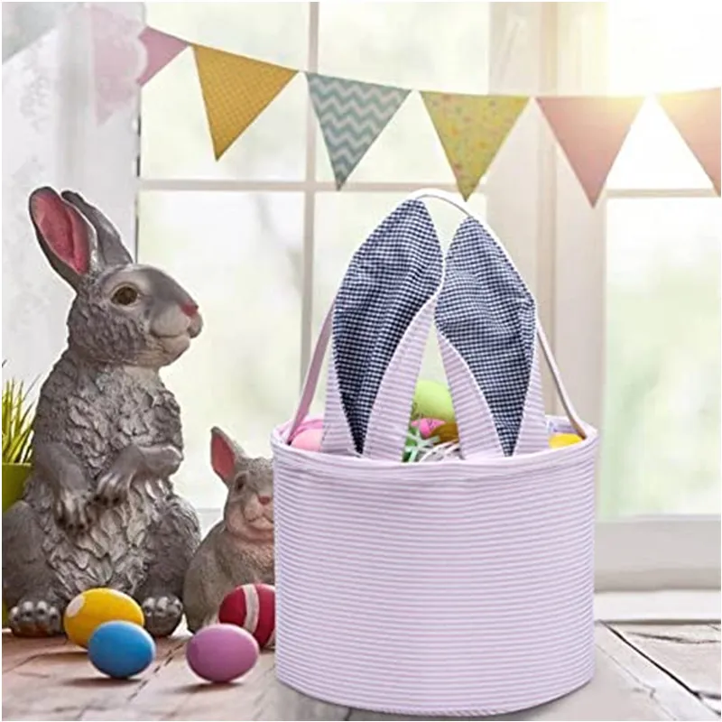 Garden Easter Bunny Basket Bags For Kids Pink, 8.8"x9" Printed Rainbow Canvas Cotton Carrying Gift Eggs Hunt Bag Bucket Tote Girls Boys