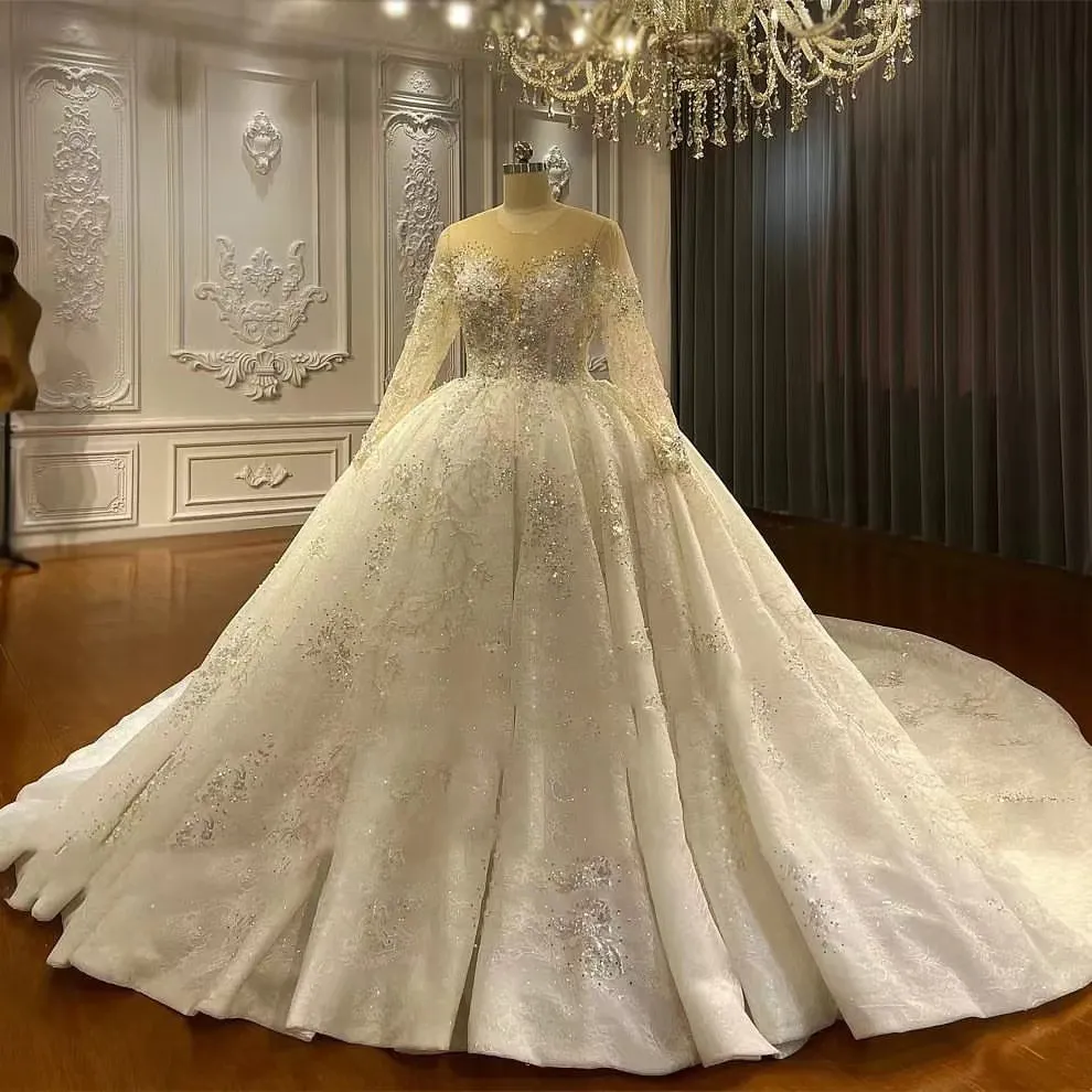 エレガントなスパンコールの長袖ウェディングドレスoネックホワイト  