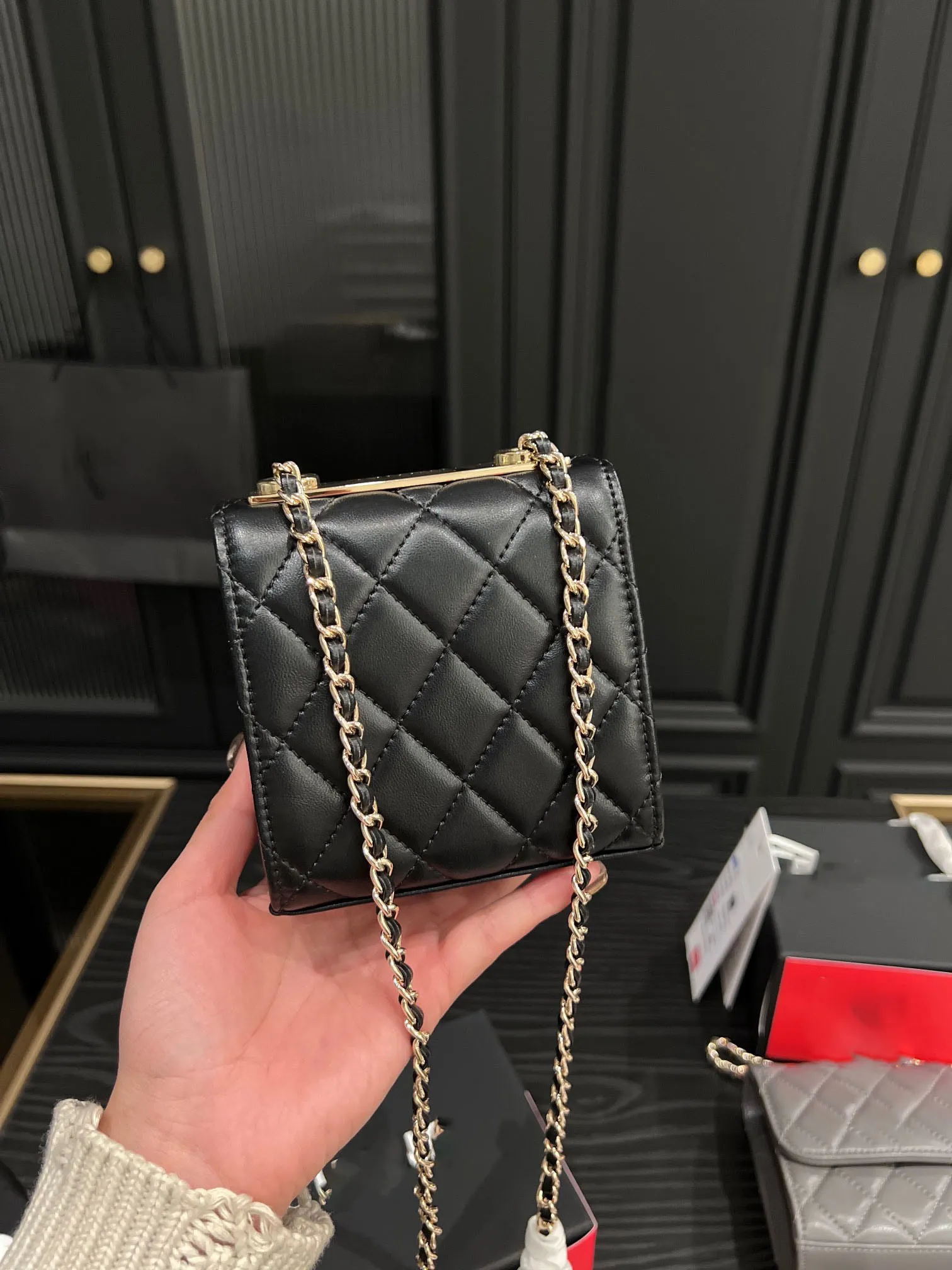 Grey Quilted Lambskin Mini Flap Crossbody Bag with Chain for Women Designer Tote Bag with Lock Small Clutch Purse