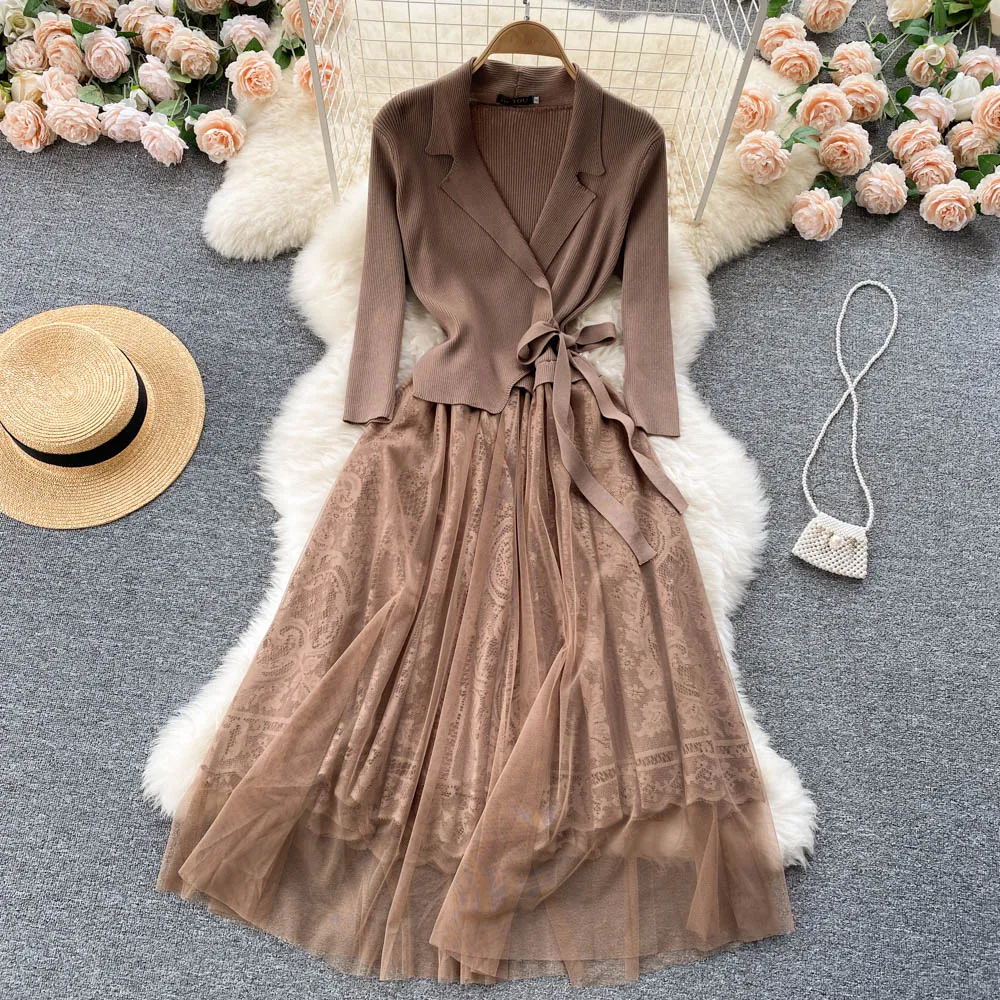 navy blue dress for baby girl Women's Fall Winter New Long Sleeve Lace Material Dress, Elegant Chic  Fashion Design, Elegant Draped Style, Perfect Slim Fit for Casual & Formal  Occasions, Stylish Women's Clothing, Womenswear, Formal wear main image 1
