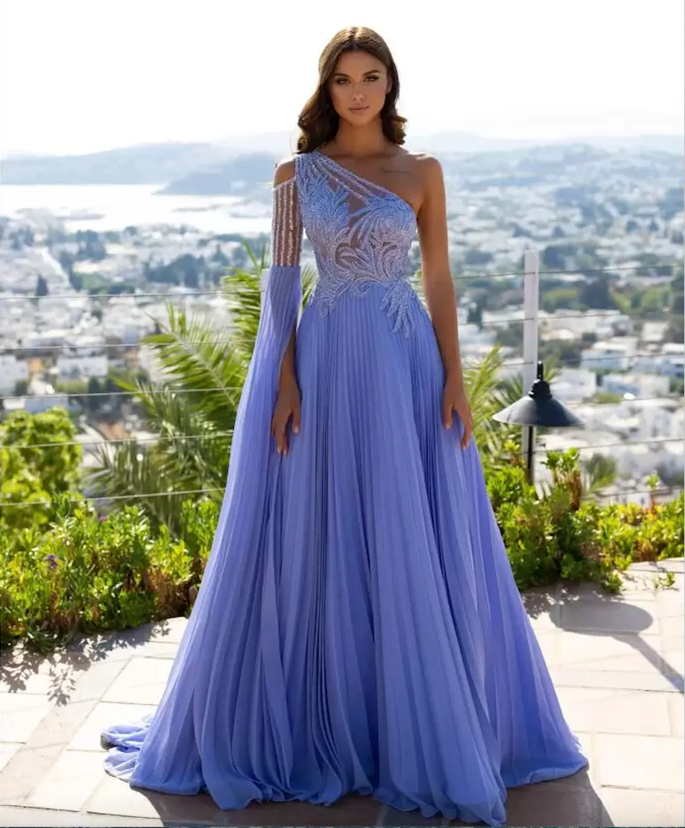 lavender blue prom dress Ocean Blue Lace Jersey Horsehair Mermaid Long Train Prom Dress