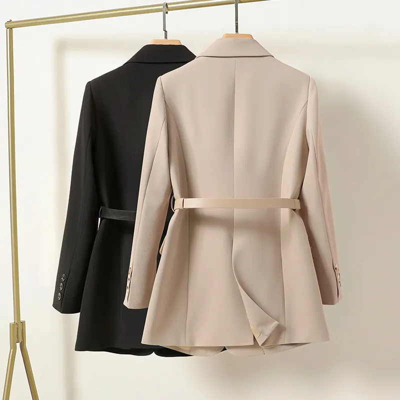 Spring Autumn Elegant Women Jackets 2023 Notched Collar Single Breasted Blazer Office Lady Long Sleeve Solid Blazer Coat with Belt