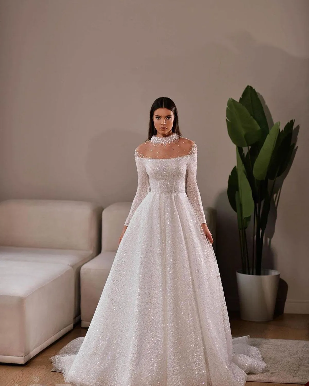 A line Jewel Art Deco Wedding Dress with Sequins Beaded Pearls and Long Sleeves