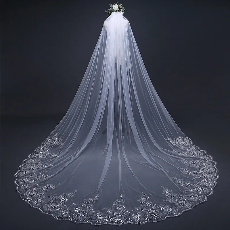White Cathedral-Length Hair Accessory with Lace Details Elegant Lace Wedding Veil With Comb Cathedral Length  main image 4