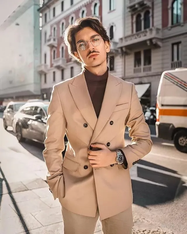 Double Breasted Suit Mens Slim Fit Khaki Blazer Brand New Khaki