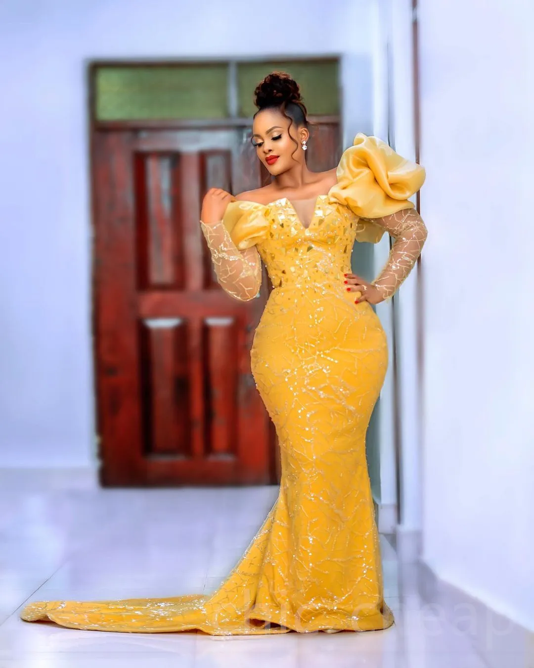 mermaid yellow wedding dress yellow Feather V-Neck Mermaid prom yellow prom dress 2022 - Luxury Plus Size Evening Gown with Open Back for Black Girls