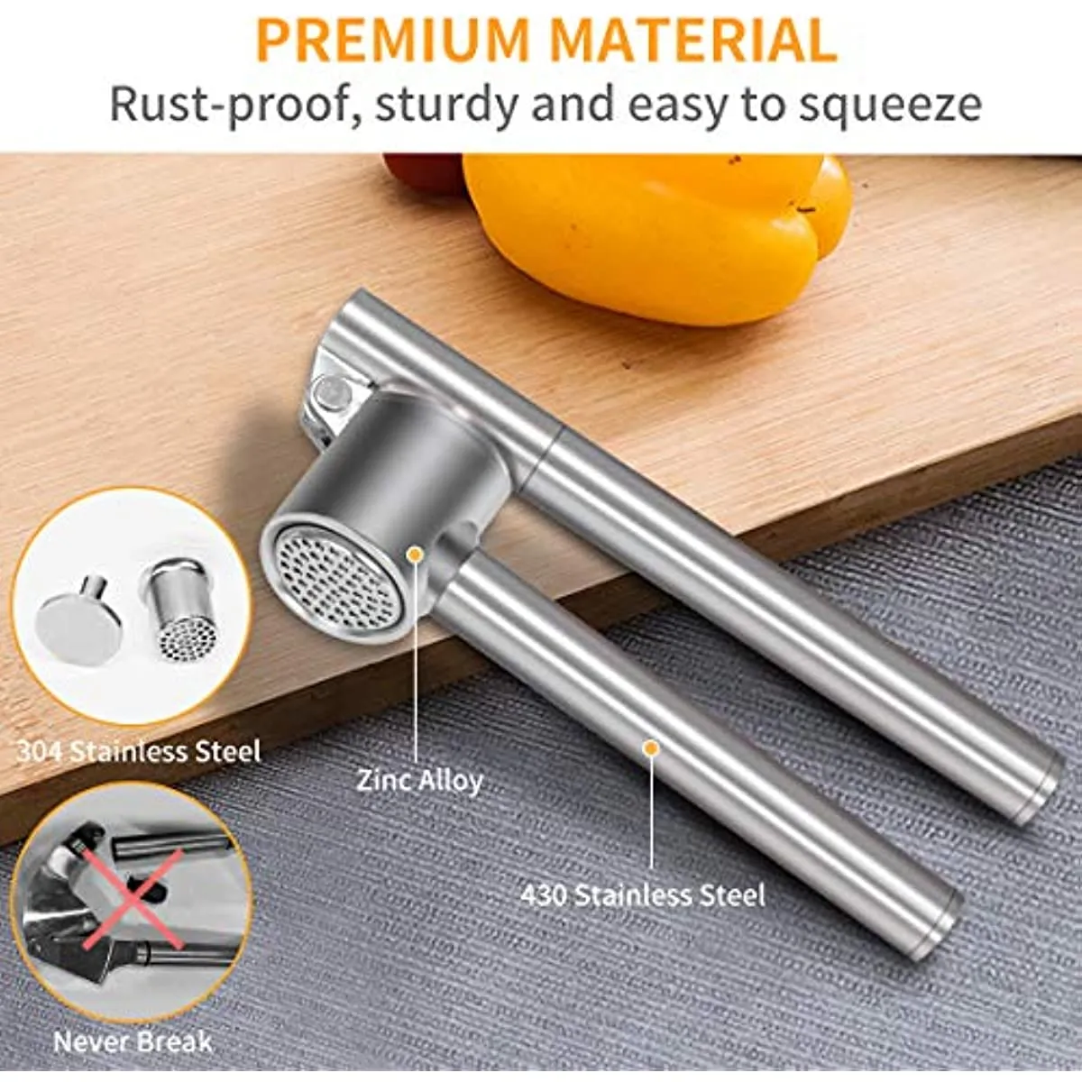 Stainless Steel Garlic Press & Mincer - Easy Squeeze With Peeler & Cleaning Brush