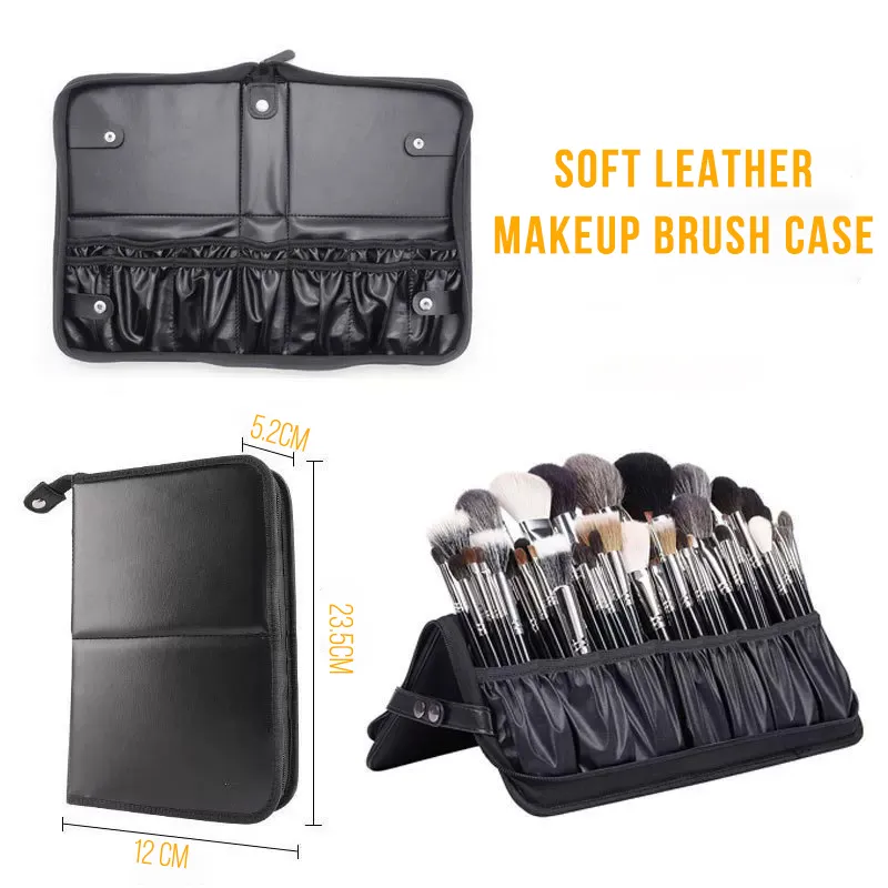 Soft PU Leather Makeup Brush Case Organizer Foldable Travel Brush Holder Waterproof Cosmetic Bag for Women Men Artist Black Zippered Handbag