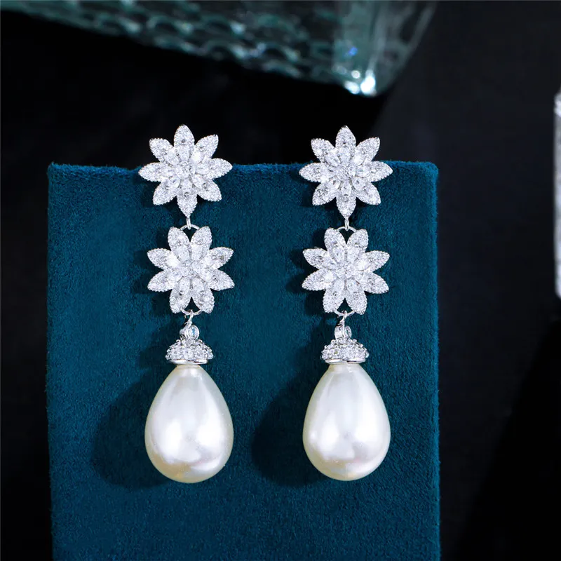 Boucles D'oreilles Pendantes Fleur Perle - Blanc Nacré, Acier Inoxydable, Pour Mariage & Soirée