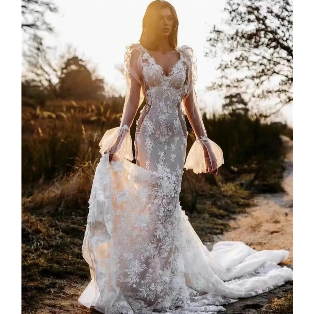 Fairy Flare Illusion Mermaid Wedding Dress with Long...