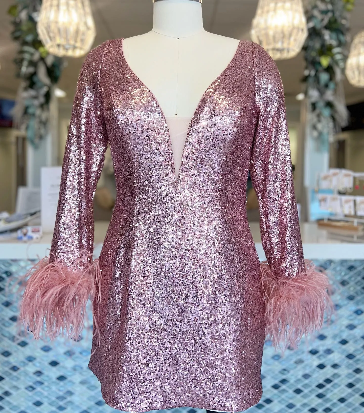fitted lace wedding dress Ava Presley 38332 Size 2 Pink Long Sleeve Velvet Sequin Shimmer A Line Ballgown Prom Dress Pageant Gown main image 1