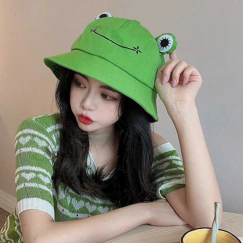 Cartoon Frog Bucket Hat Wide Brim Panama Fishing Cap For Women And