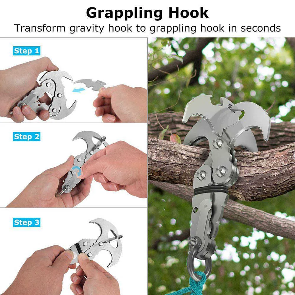 Stainless Steel Grappling Hook With Carabiner For Outdoor Climbing