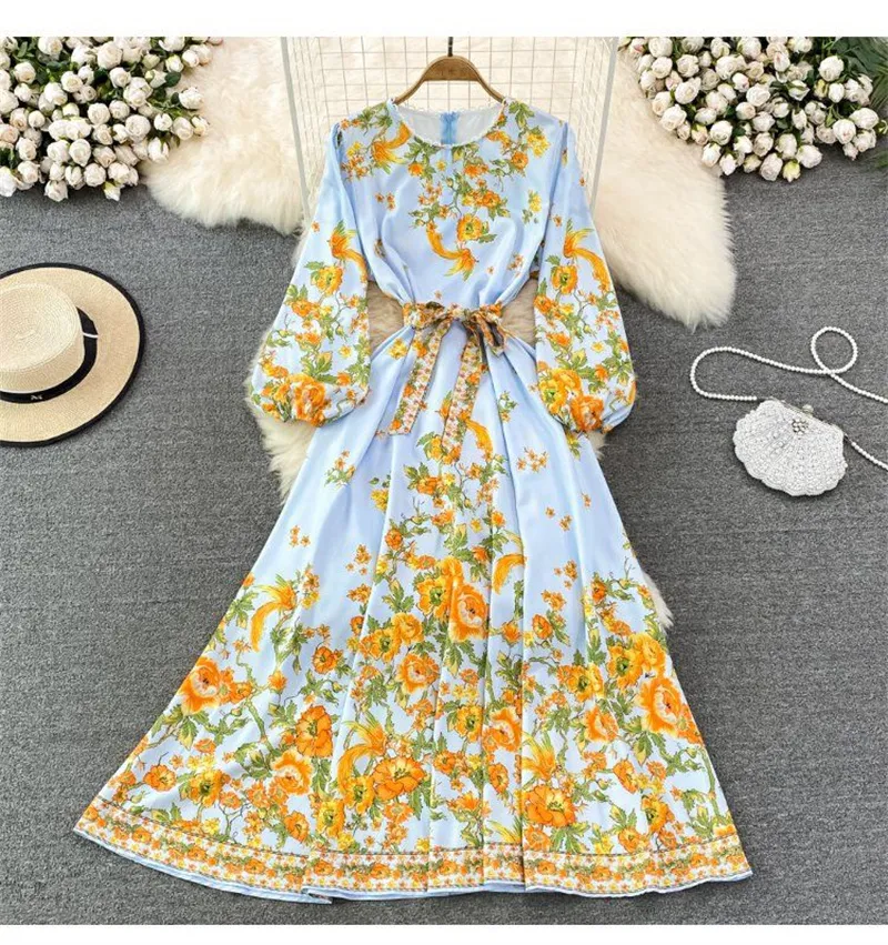 Vintage Floral Print Mid Length Womens Floral Midi Dress Basic