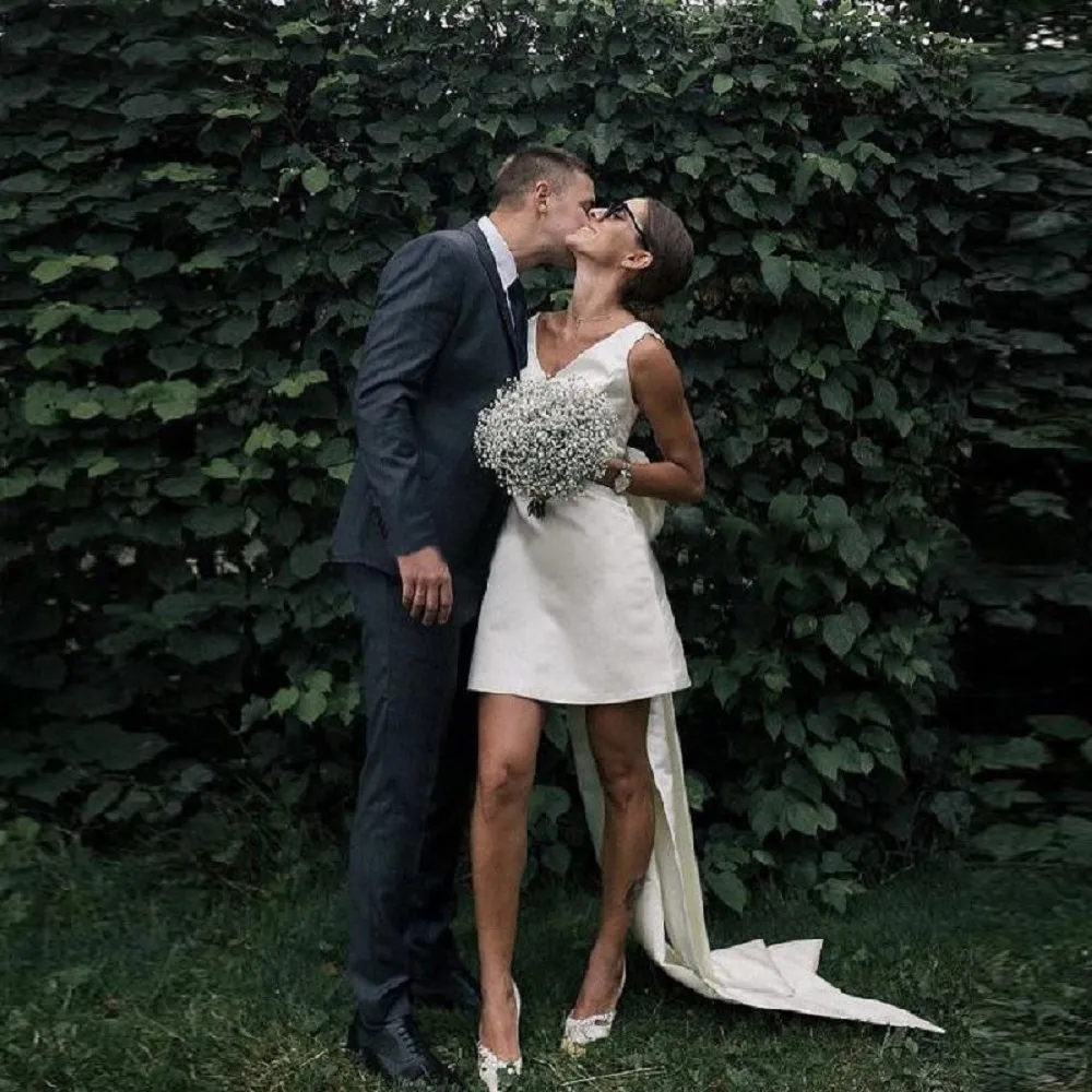 short ivory beach wedding dresses Ivory Chiffon Beach Wedding Dresses Rhinestone Belt Short Sleeve Wedding Dress AWD1162 main image 0