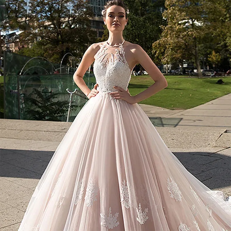 Halter Lace Appliques Wedding Dress Backless Bridal Gown with Zipper Sweep  Train Tulle from Dhgate Ball Gown Wedding Dresses - price 247.24