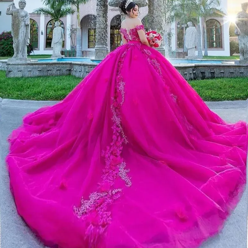 Hot Pink Shiny Quinceanera Dresses Mexican Sweetheart Lace 3DFlower Puffy Ball Gowns Off-Shoulder Applique Luxury Vestidos De