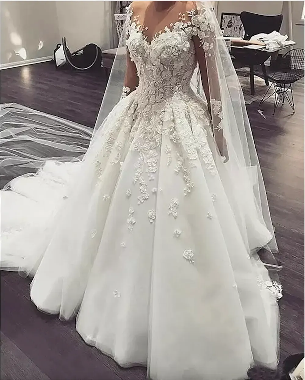 Tulle A Line Jewel Sheer Neck Floral Long Sleeves Wedding Dress Tulle A Line Jewel Sheer Neck Floral Long Sleeves Wedding Dress