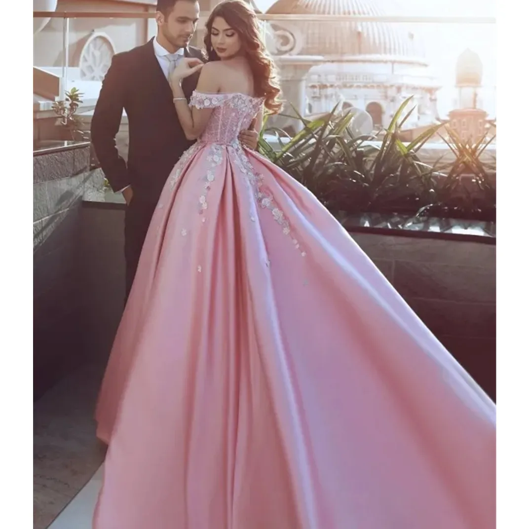 Pink embroidered prom dress hotsell