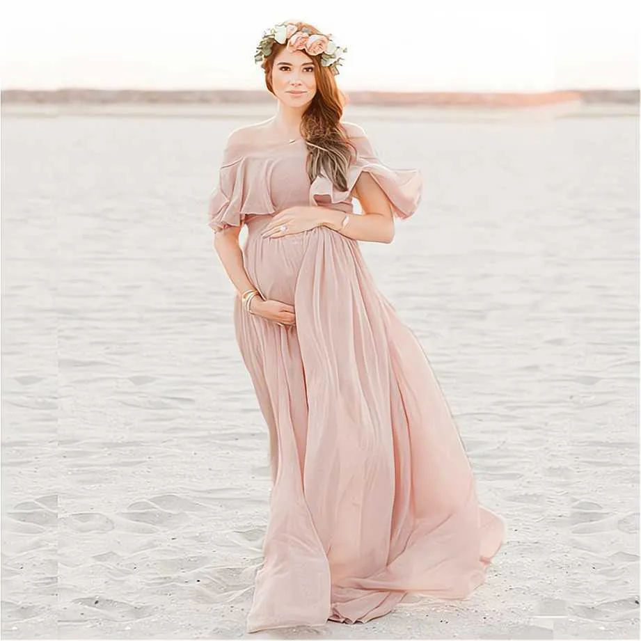 white christmas dresses Pink Metallic Chiffon Maternity Maxi Dress – PinkBlush main image 1