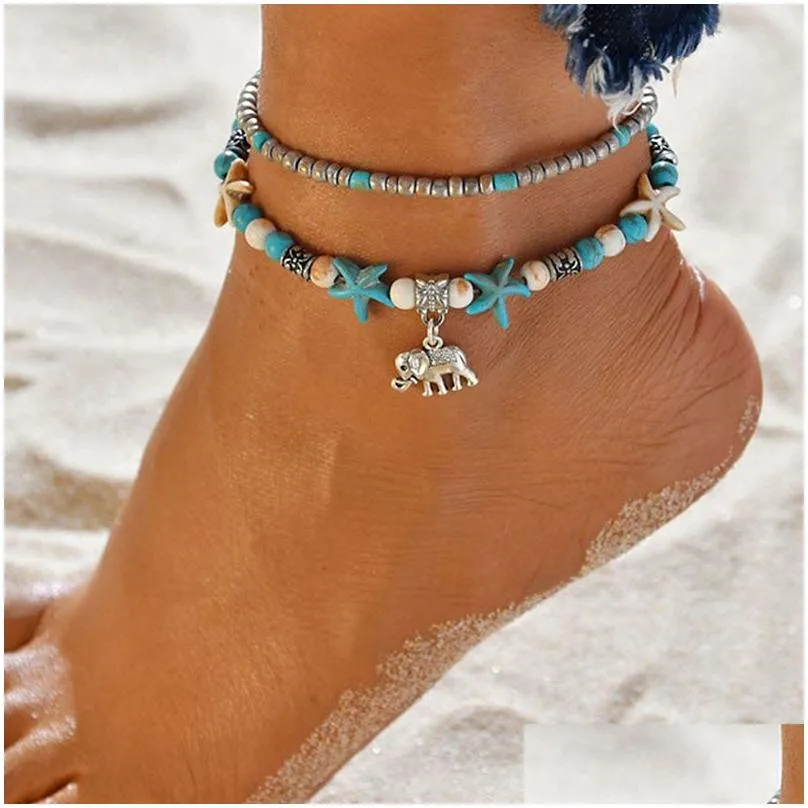 Bohemian Ankle Bracelet Set Stackable Beach Anklets with Dolphin,  Starfish, Shell Charms Adjustable Foot Jewelry for Women Hot Sale!