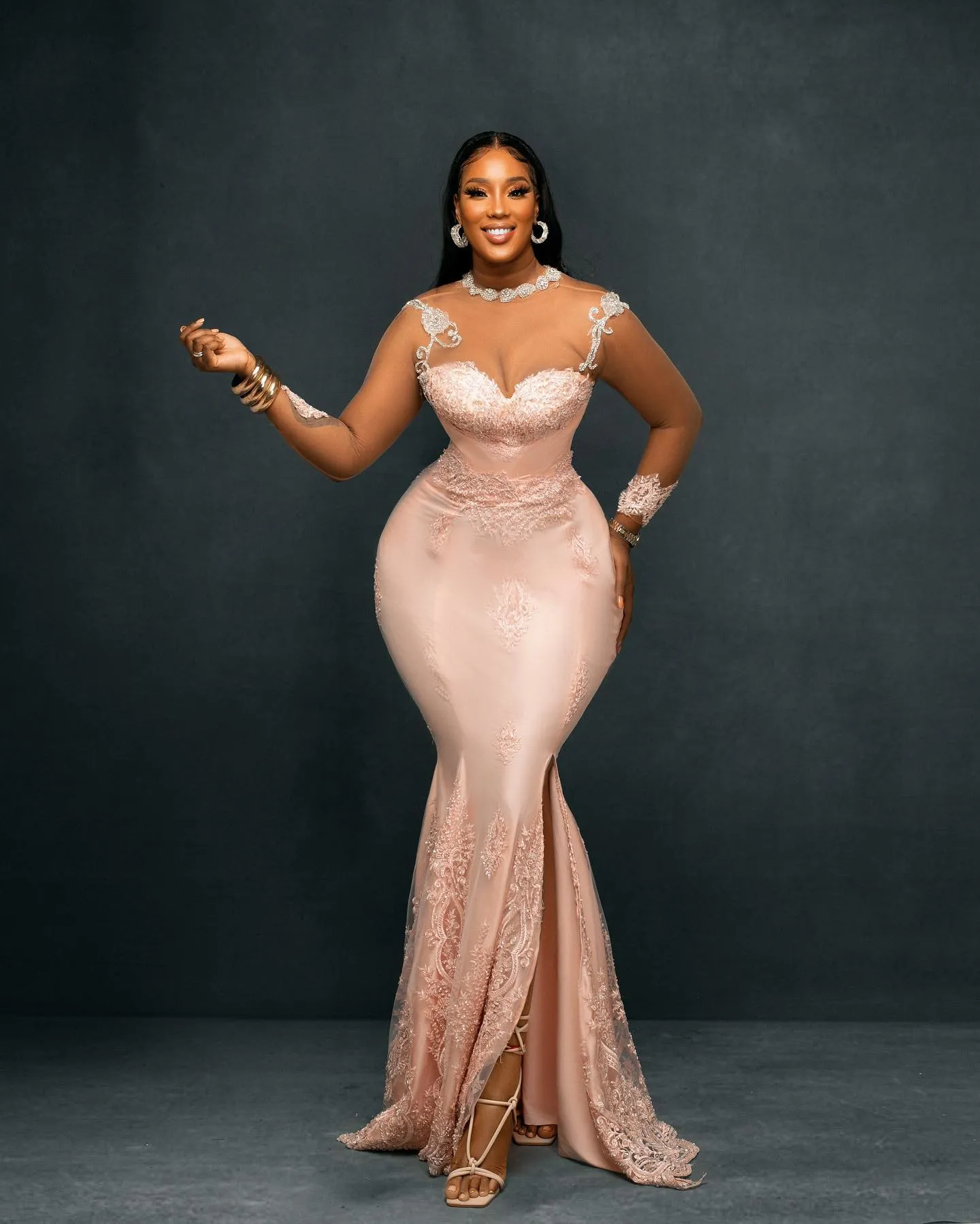Blush pink mermaid prom dress discount