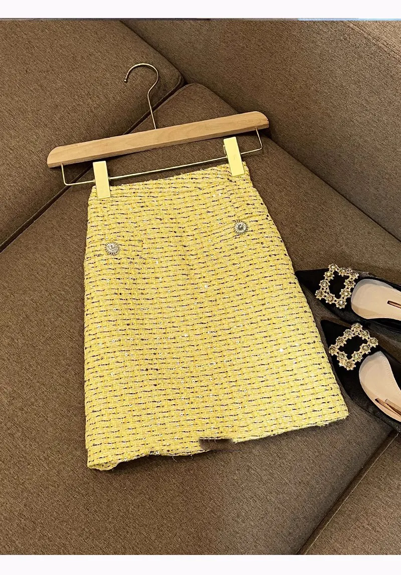 2023 Autumn Yellow Two Piece Dress Sets Long Sleeve Round Neck Tweed Single-Breasted Coat & Square Camisole & Short Skirt Suits Set Three Piece Suits O3G172089