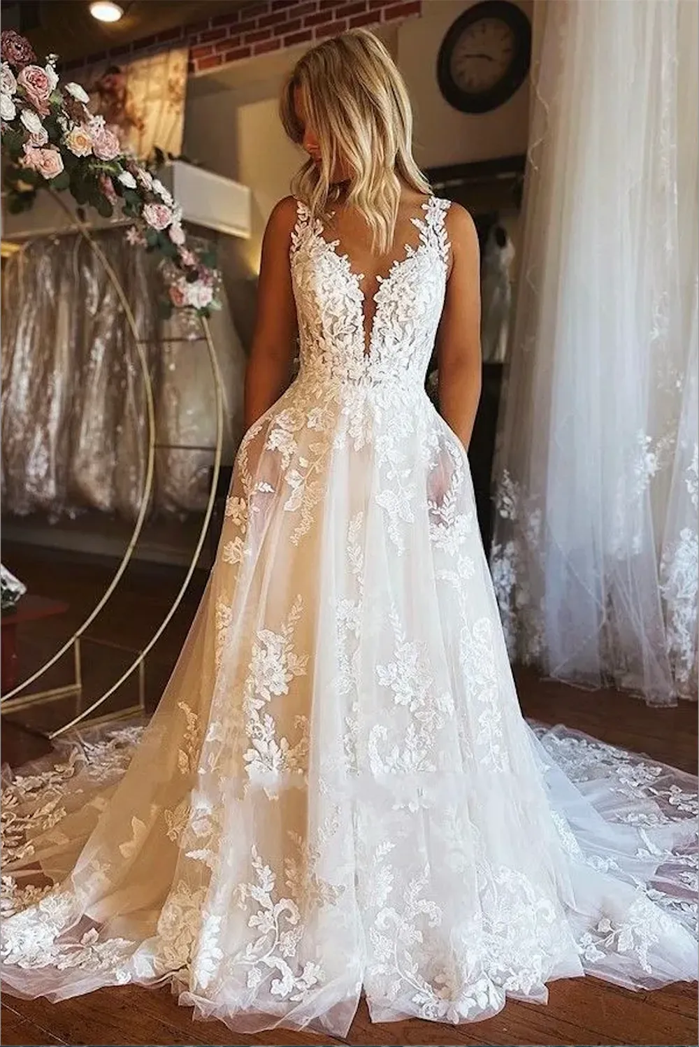 V Neck Lace Applique Backless A Line Wedding Dress with Pockets Tulle Boho Bridal Gown in Ivory Plus Size Available BC15301