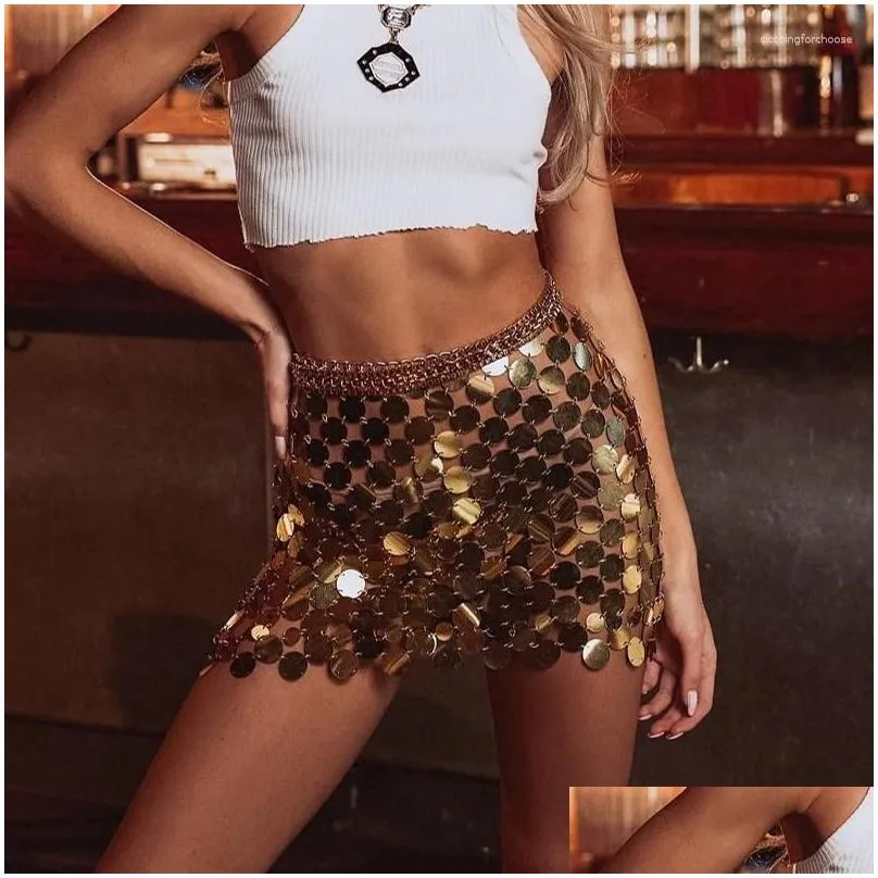 Sequin Dance Mini Skirt Black Body Chain Gold Mail Link Disco Skirt for Women Clubwear, Party, Hot Sale!