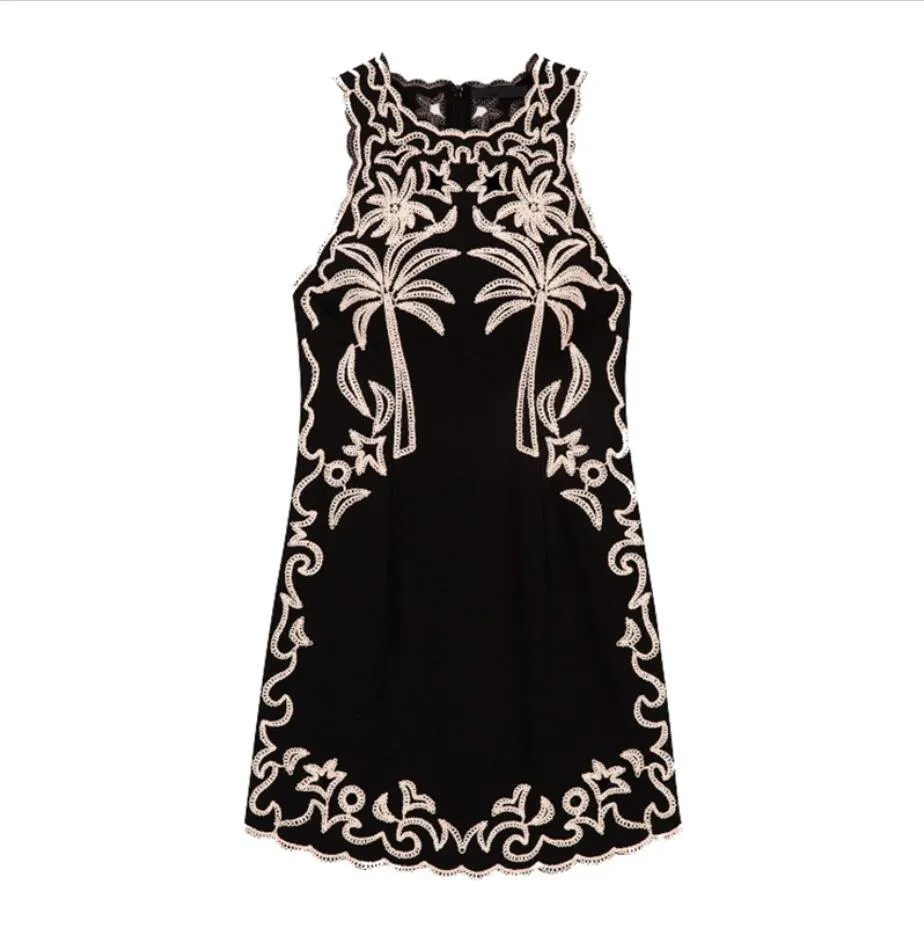 Black with white Embroidery Sleeveless Dress