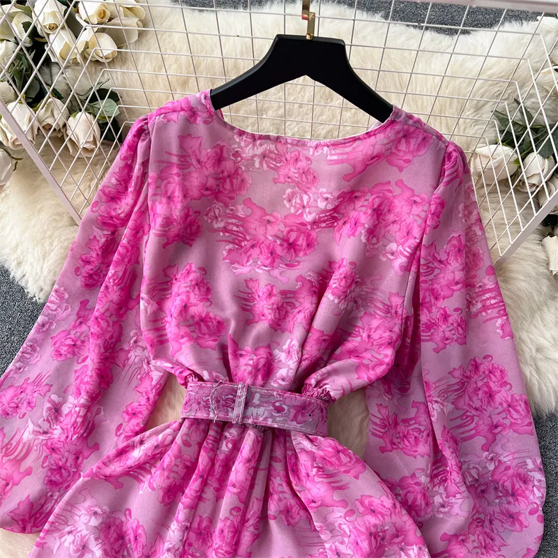 Basic Casual Dresses Summer New Mid-Length Vintage Floral Dress Women Summer Vestidos With Sashes V-neck Lantern Sleeve Ladies Korean A-line Dresses 2024