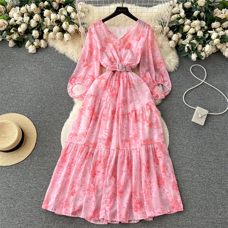 Basic Casual Dresses Summer New Mid-Length Vintage Floral Dress Women Summer Vestidos With Sashes V-neck Lantern Sleeve Ladies Korean A-line Dresses 2024