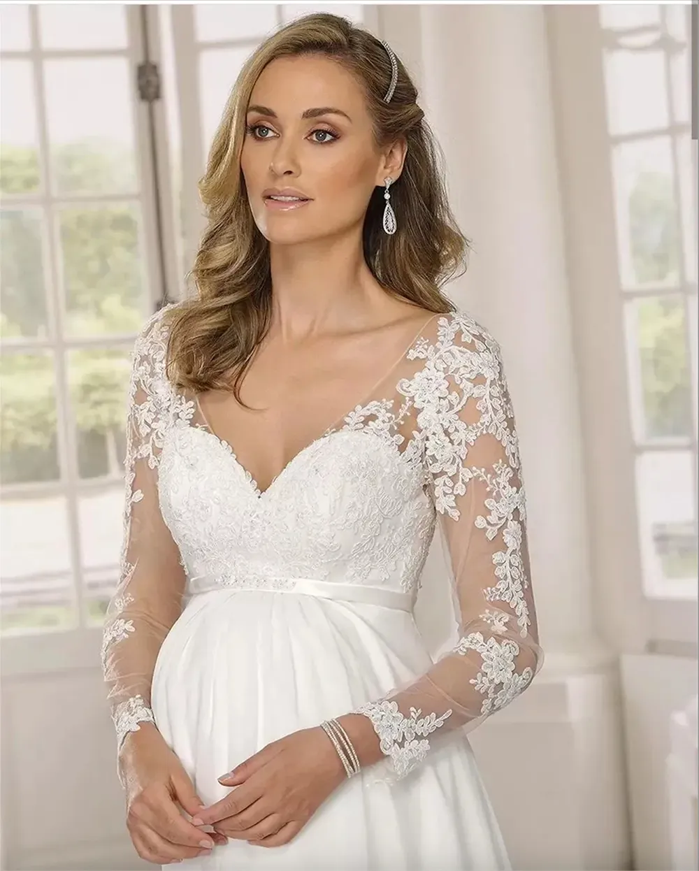 2023 Boho Lace Applique Maternity Bridal Gown - V-Neck Chiffon A-Line Dress  with Long Illusion Sleeves for Pregnant Brides
