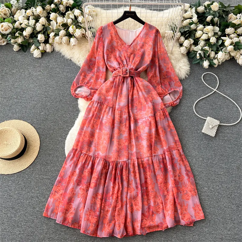 Basic Casual Dresses Summer New Mid-Length Vintage Floral Dress Women Summer Vestidos With Sashes V-neck Lantern Sleeve Ladies Korean A-line Dresses 2024