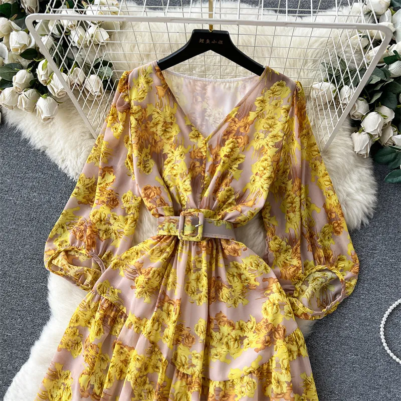 Basic Casual Dresses Summer New Mid-Length Vintage Floral Dress Women Summer Vestidos With Sashes V-neck Lantern Sleeve Ladies Korean A-line Dresses 2024