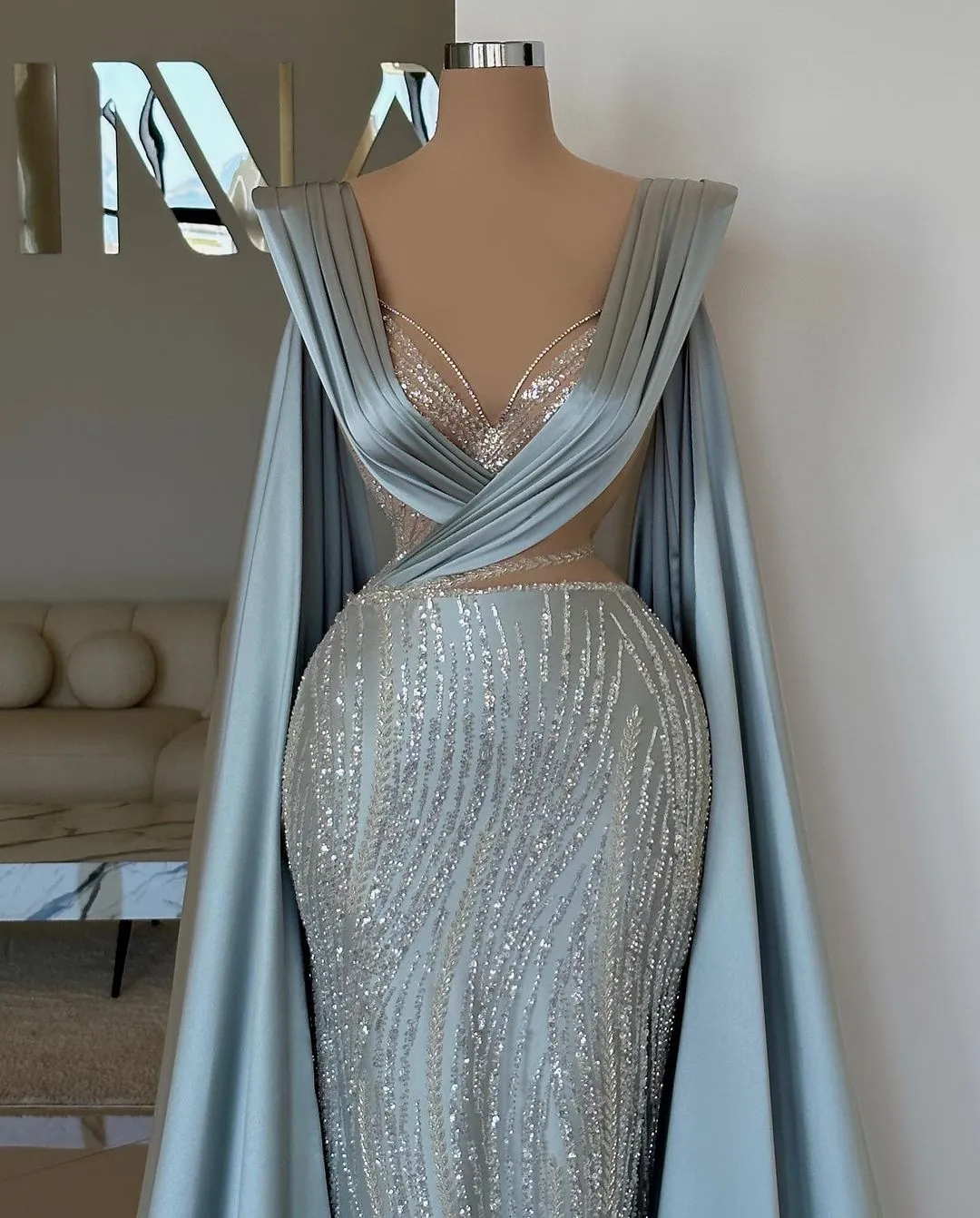 Mermaid Illusion Neck Long Gowns with Bow Sky Blue