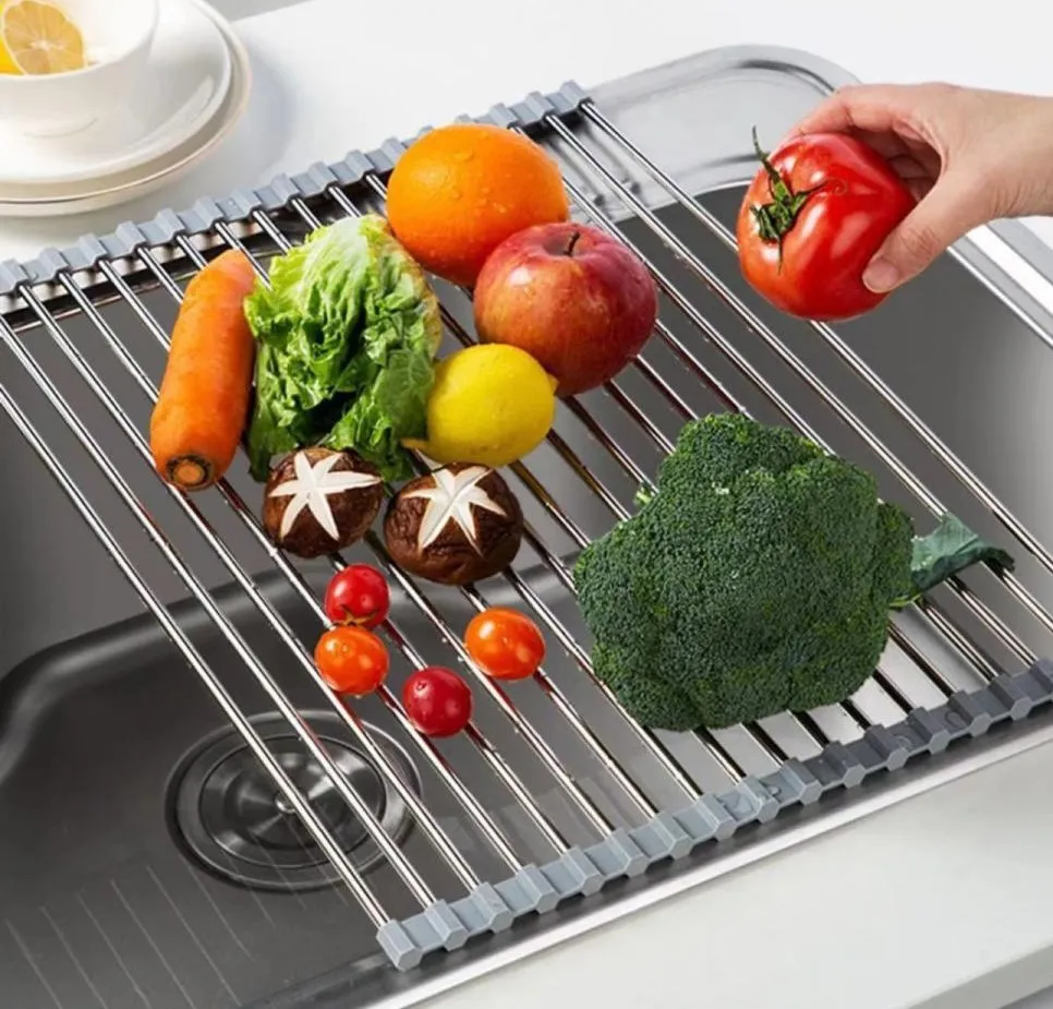 Escurridor de platos grande, escurreplatos enrollable multiusos de acero  inoxidable plegable sobre el fregadero, escurridor de cocina para tazas