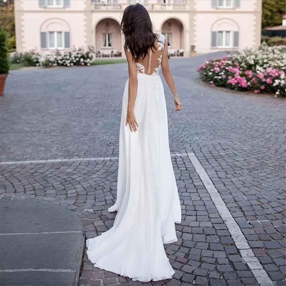Summer Beach Boho Wedding Gown Jewel Neck Lace Appliques Cap Sleeve Bridal Dress Side Slit Sweep Train Chiffon A-Line Illusion Back from Dhgate A-Line Wedding Dresses - price 176.51 Summer Beach Boho Wedding Gown Jewel Neck Lace Appliques Cap Sleeve Bridal Dress Side Slit Sweep Train Chiffon A-Line Illusion Back from Dhgate A-Line Wedding Dresses - price 176.51