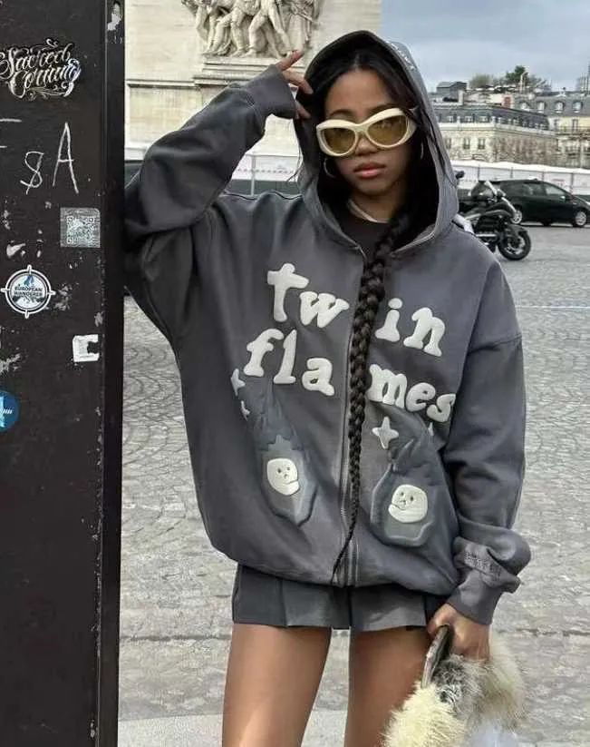 Streetwear Zip Up Hoodie, Graphic Print Y2k Style Coat with Two
