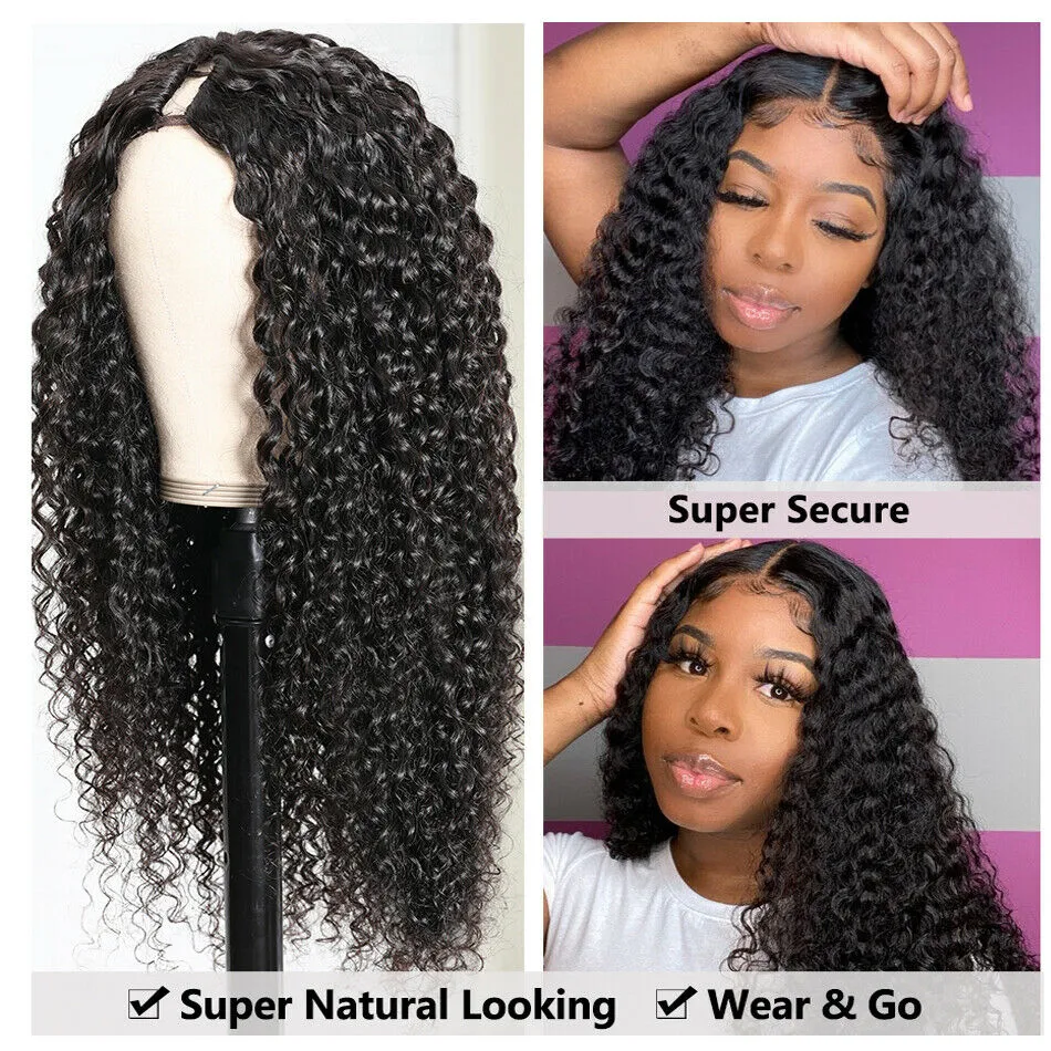 Deep Curly Human Hair U Part Wig 180% Density Brazilian Remy U Part Human Hair Wigs for Black Women Small Curly U Opening Wigs