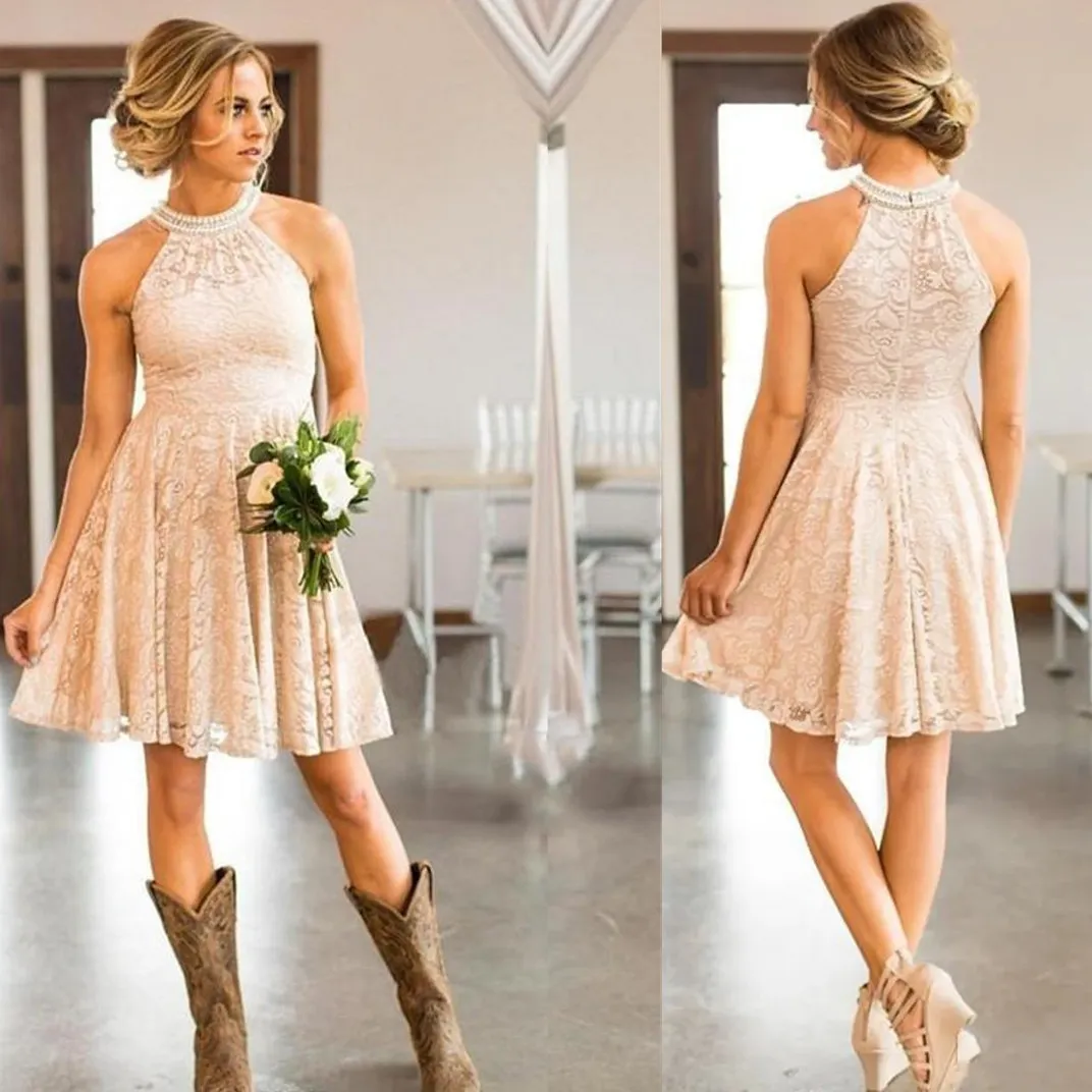 Peach Bridesmaid Dresses Knee Length, Halter Neck Party
