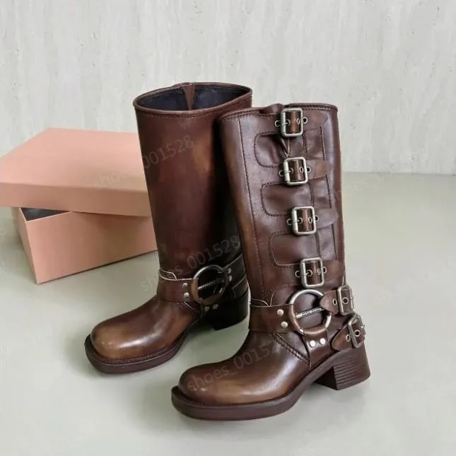 Womens Brown Calf Leather Biker Boots Motorcycle Boots Knee Womens Brown Calf Leather Biker Boots Motorcycle Boots Knee