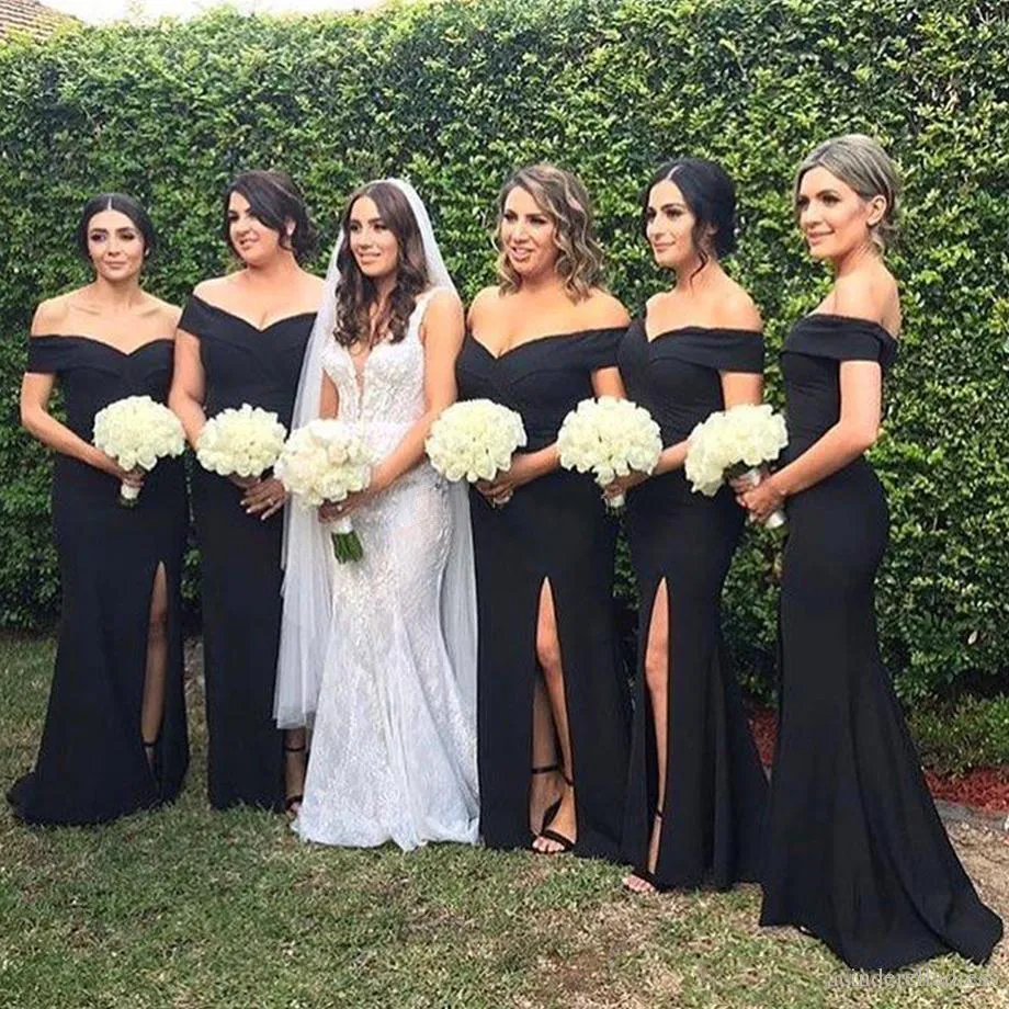 Off-Shoulder Black Mermaid long Black bridesmaid dresses with Side Split and Sweep Train - Perfect for Garden, Country, Wedding Guests, Evening Events Off-Shoulder Black Mermaid long Black bridesmaid dresses with Side Split and Sweep Train - Perfect for Garden, Country, Wedding Guests, Evening Events