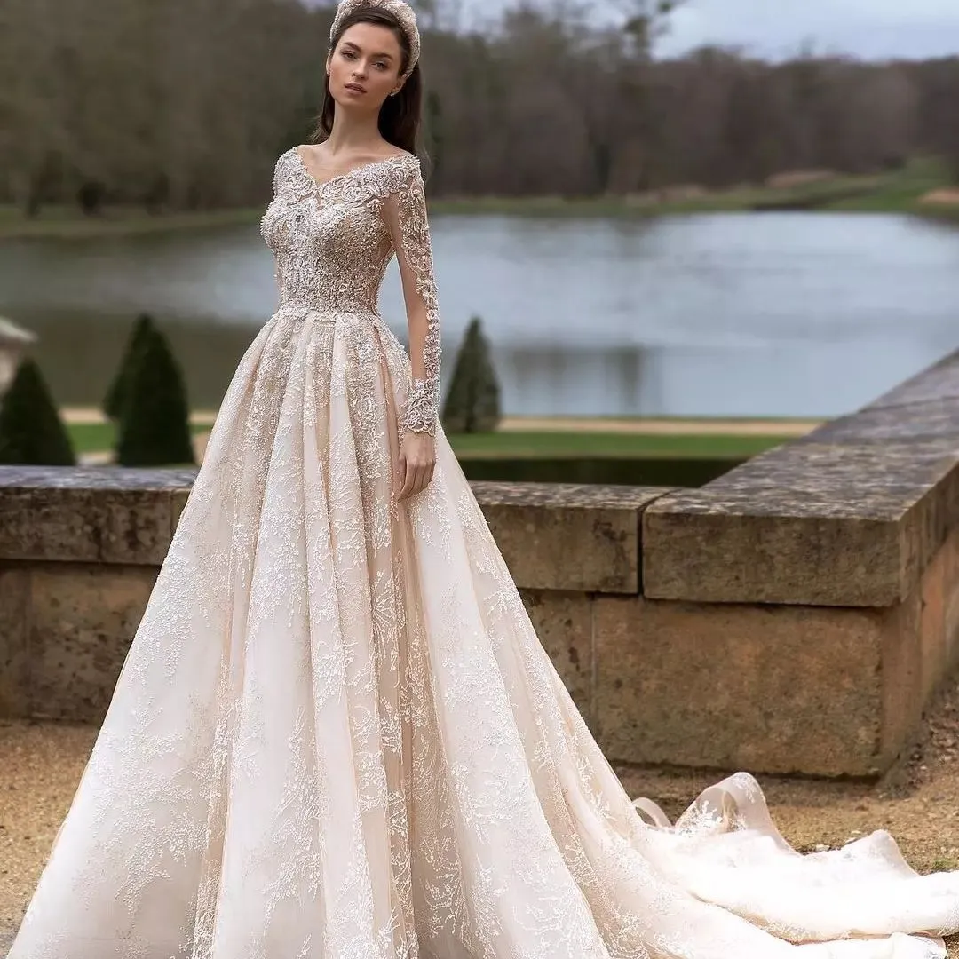 Vestido de casamento elegante para mulheres, pescoço de uma linha